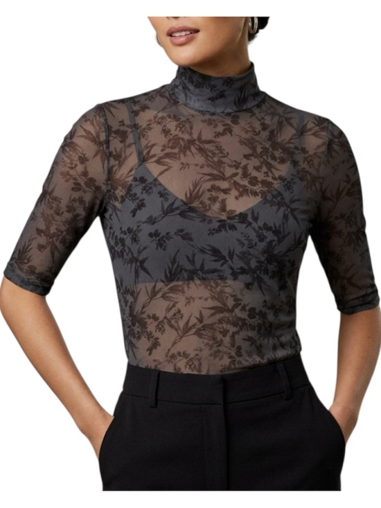 Anthropologie Tops - By Anthropologie Sheer Floral Mesh Half Sleeve Mock Neck Top Grey Blue Medium M